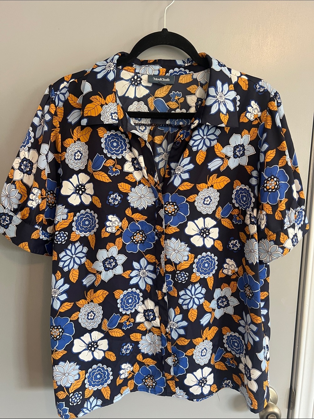 Floral Button-Front Blouse - Navy, Blue & Mustard